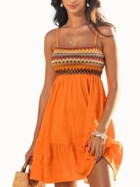 NWT Cupshe Women's Vibrant Orange Boho Mini Sundress -Orange